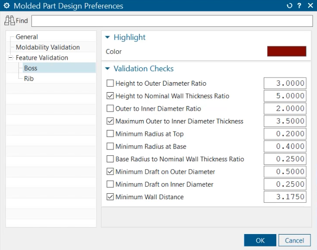 This image shows the Molded Part Designer references to choose from.