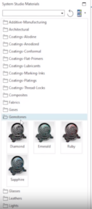A screenshot of NX Render showing a range of Siemens Visual Materials