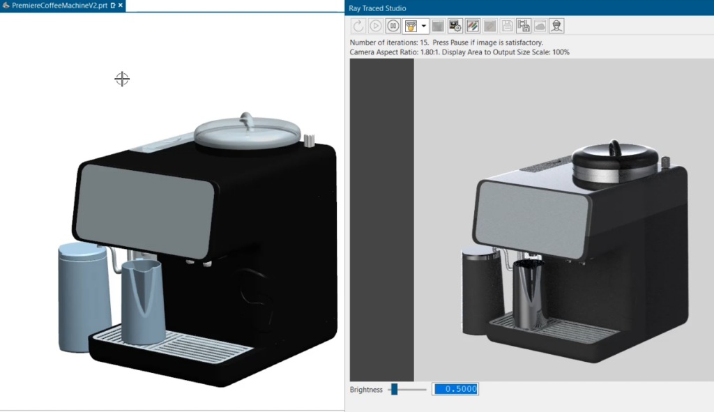 This image shows the side-by-side comparison between the ray traced version and the original model.