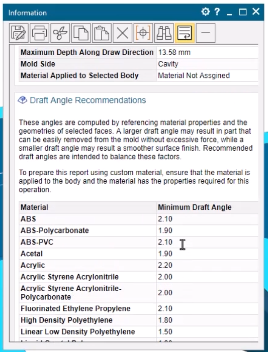 A screenshot of the Recommended Draft Angle Report in Siemens' NX Molded Part Design showing a wide range of material options