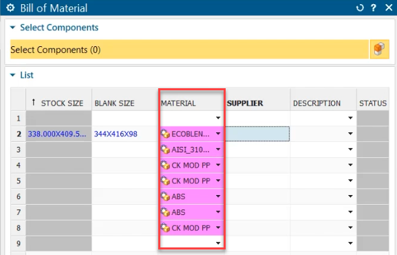 This image shows the BOM and where to input the materials used in the design