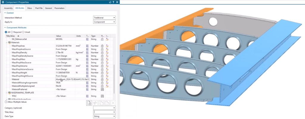 A screenshot of NX CAD software showing an aerospace assembly with material properties assigned
