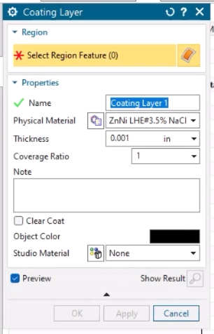 A screenshot showing the application of a Coating Layer to a part with NX Coatings