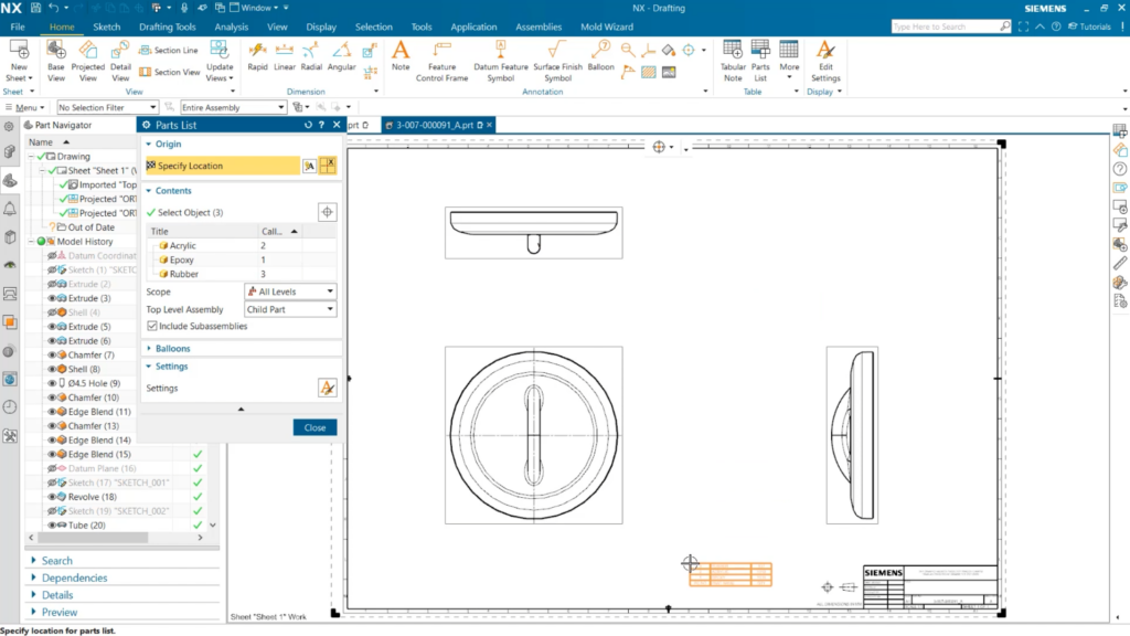 A screenshot of NX showing an engineering drawing and the Parts List command