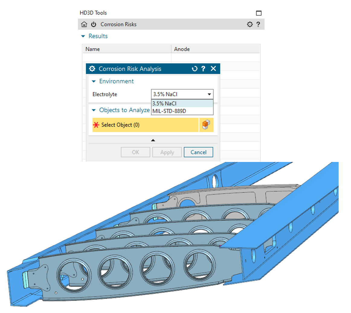 A CAD assembly with a dialog box explaining the corrosion risks