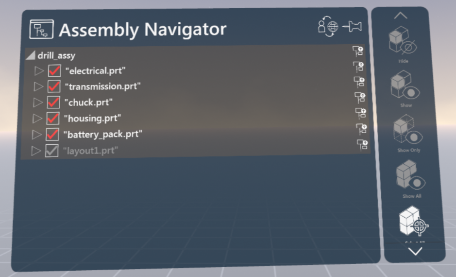 A screenshot of NX Immersive Explorer showing the NX Assembly Navigator accessed from within the immersive environment