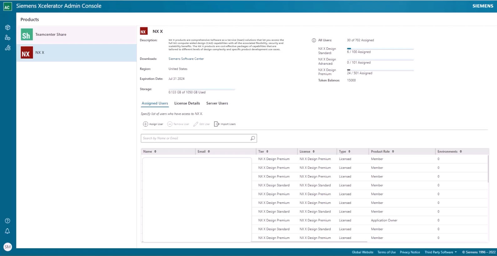 The Siemens Xcelerator Admin Console showing NX X deployments and named user licenses.