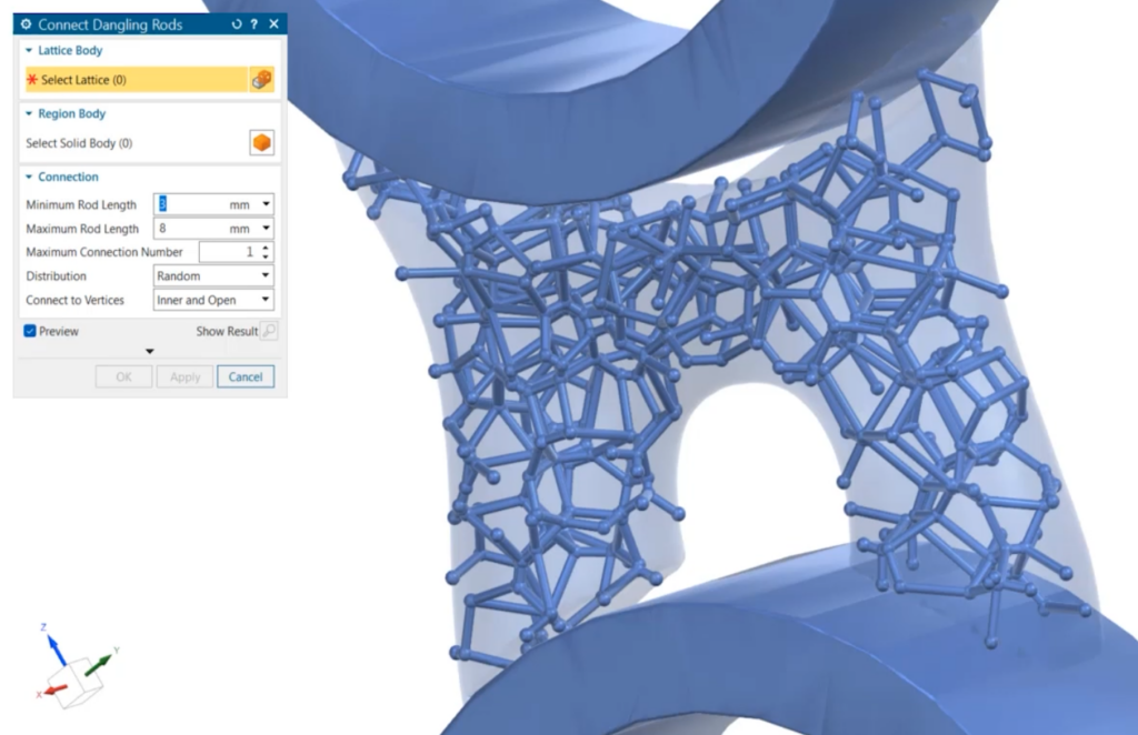 A screenshot of NX CAD software showing the new Connect Dangling Rods command in the Lattice Designer add-on module