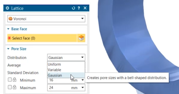 A screenshot of NX CAD software showing the Voronoi lattice pore size distribution options in the Lattice Designer add-on module