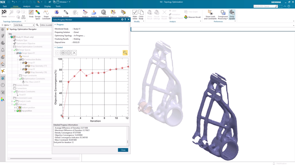 A screenshot of Siemen's NX CAD software showing the Topology Optimization add-on module and its new live preview functionality for watching generative design in action