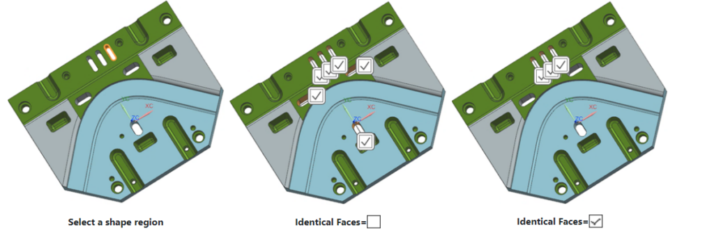 A screenshot of NX software showing the new Identical Faces option for the Select Similar Faces command