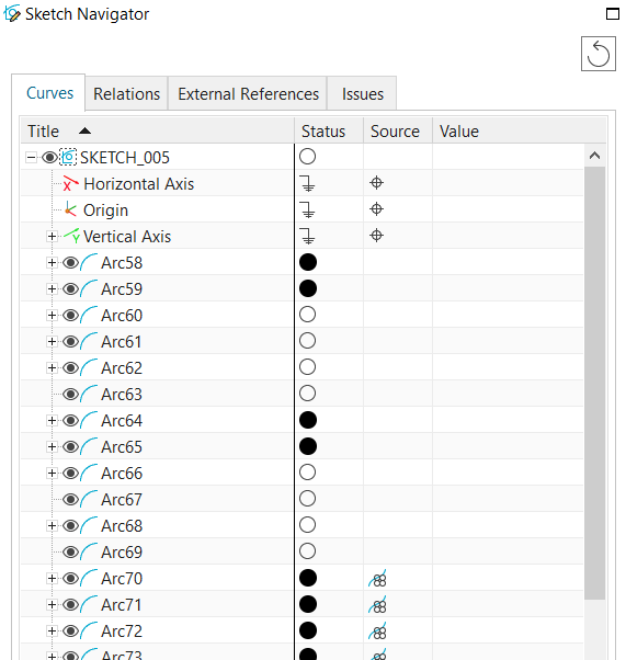 Image of the Curves tab in the Sketch Navigator