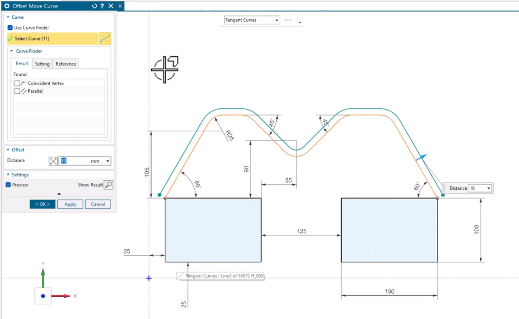 A screenshot of NX software showing the Offset Move Curve command in use. A preview shows that the operation would result in the offset curves becoming detached from the rest of the sketch.