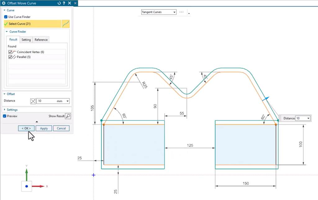 A screenshot of NX software showing the Offset Move Curve command's Curve Finder functionality in use. It has moved and offset related curves as well as the initial selection to ensure that the whole sketch remains connected.