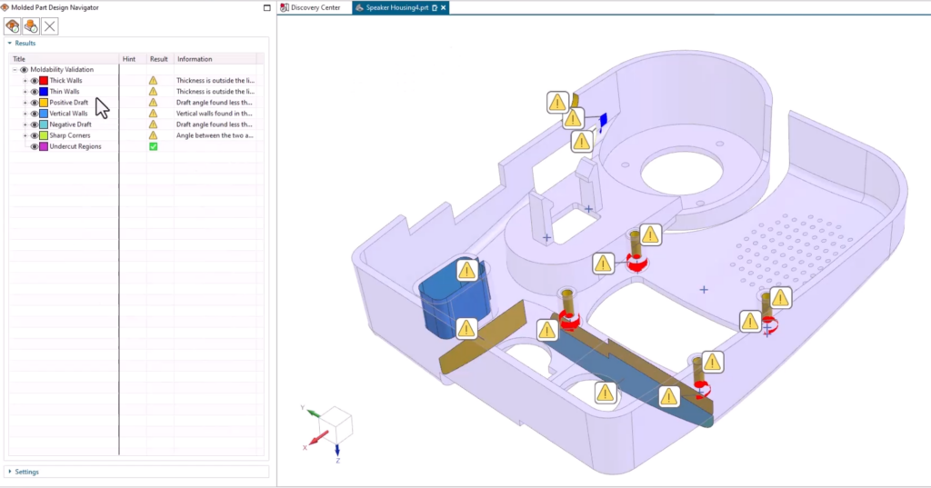 A screenshot of NX Software's Molded Part Design add-on module, showing a moldability validation report