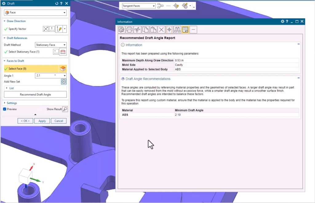 A screenshot from NX software's Molded Part Design application showing its Recommended Draft Angle functionality