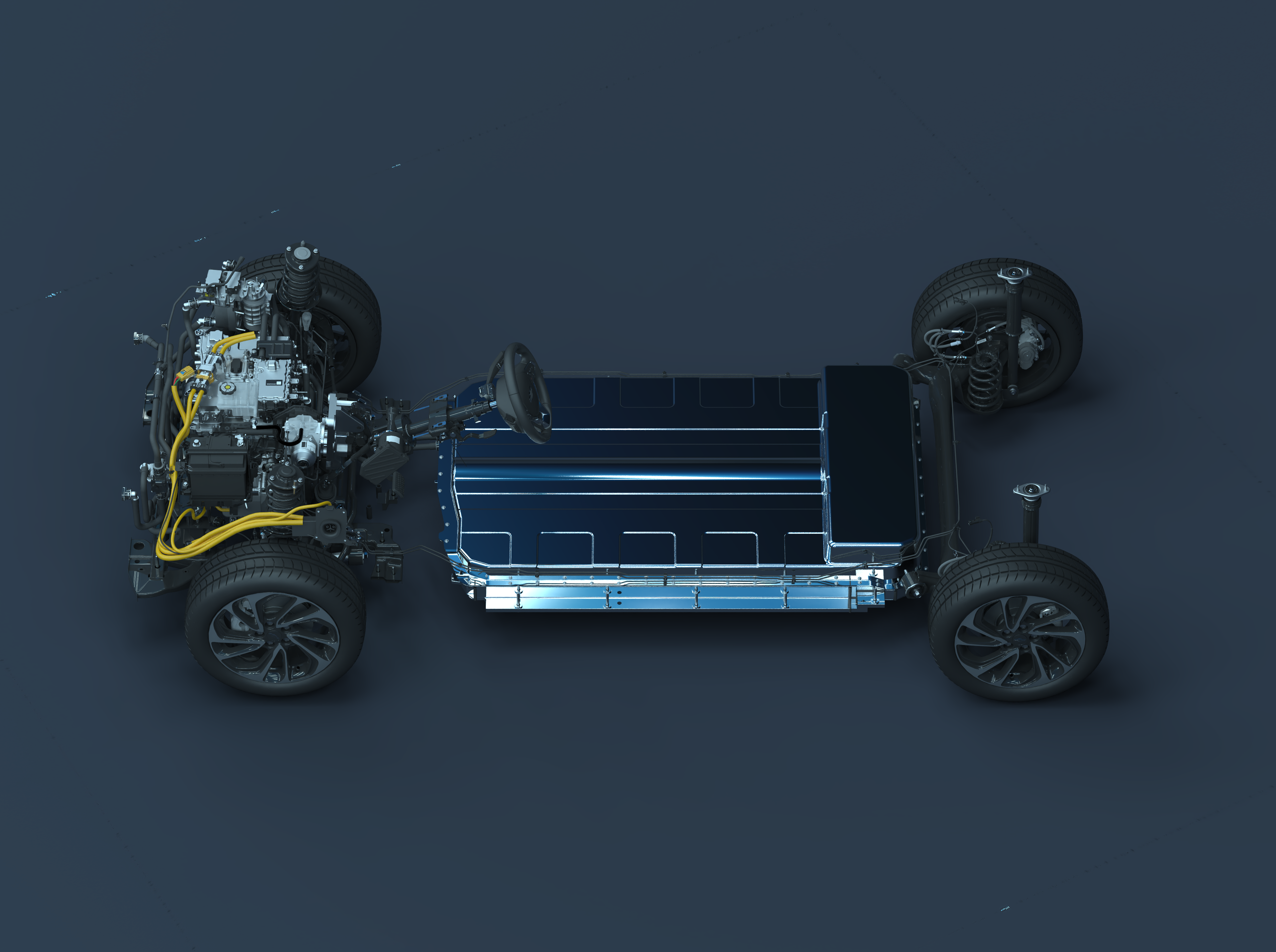 A virtual bill of materials, rendering of parts for a Chevrolet Bolt drivetrain.