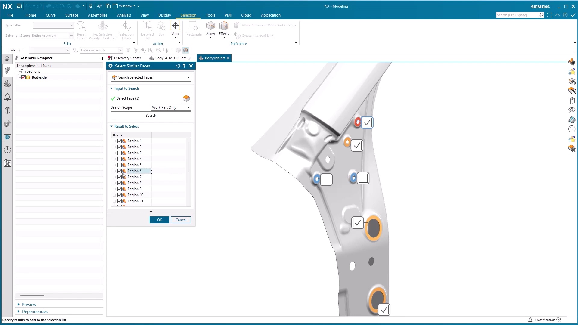 AI-enabled NX Select Similar Faces capability in NX identifying similar faces on a CAD design