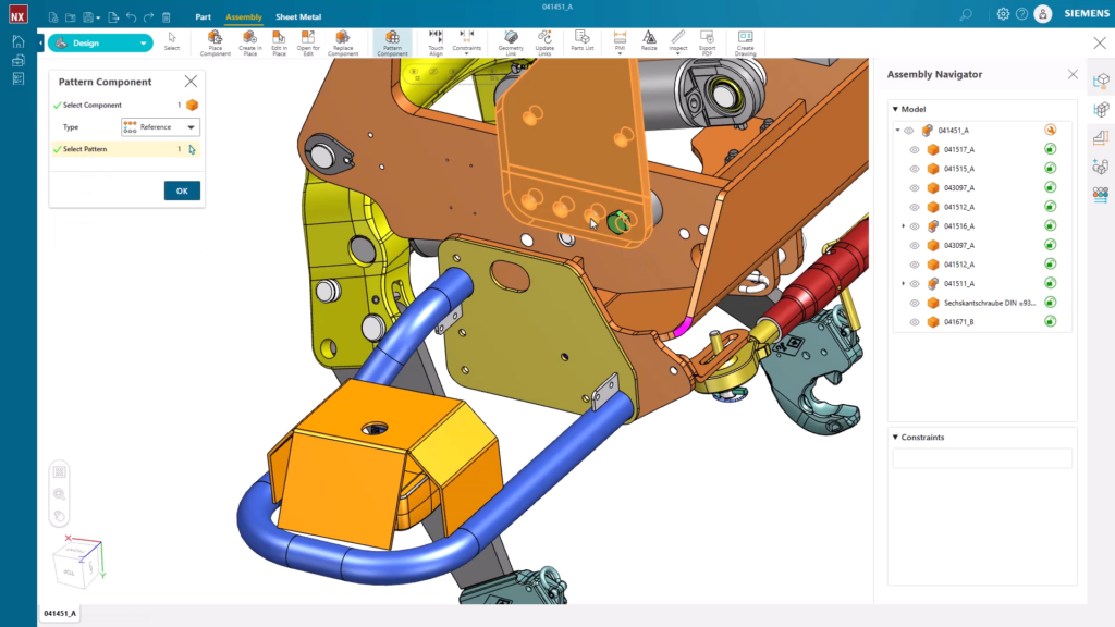 Pattern Component open in NX X Essentials with color coded parts in the assembly