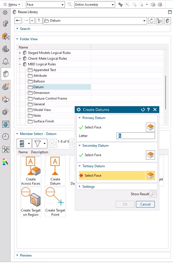 Shows the UI for Creating Datums for PMI