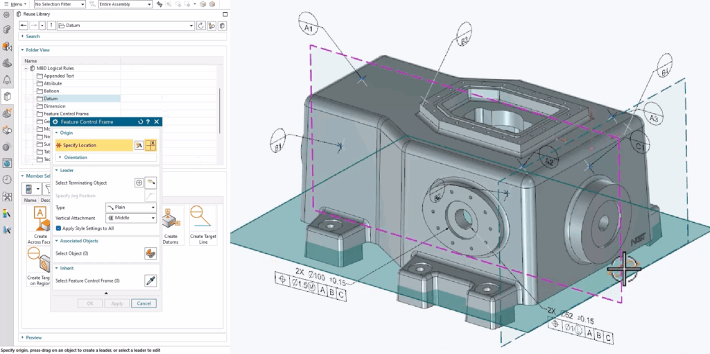 This image shows the UI and how to set up Feature Control Frames for PMI