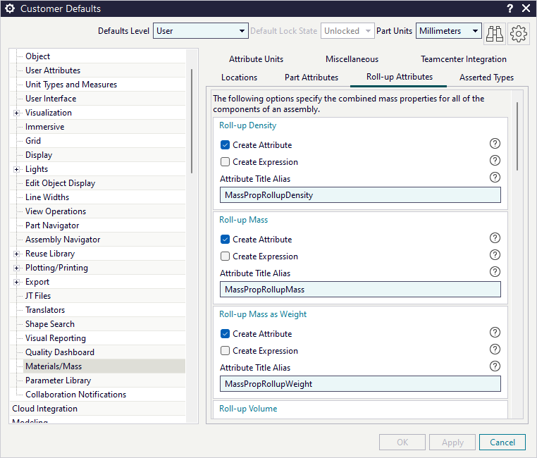Mass properties customer defaults