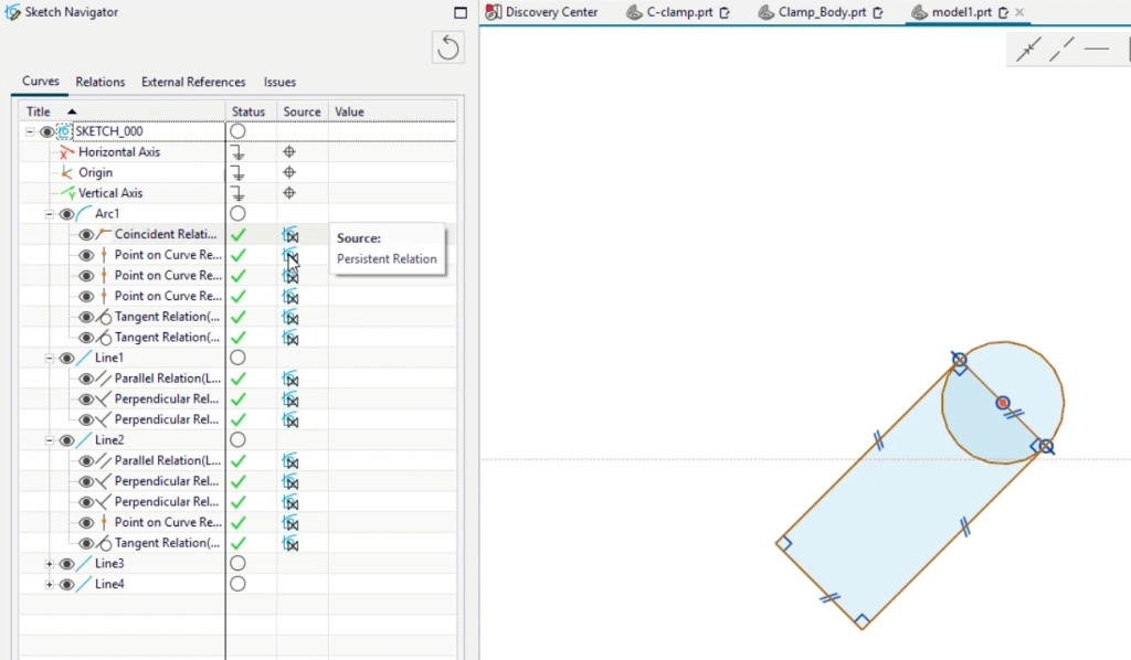 A screenshot of Siemens Designcenter software showing persistent relations detected in the Sketch Navigator