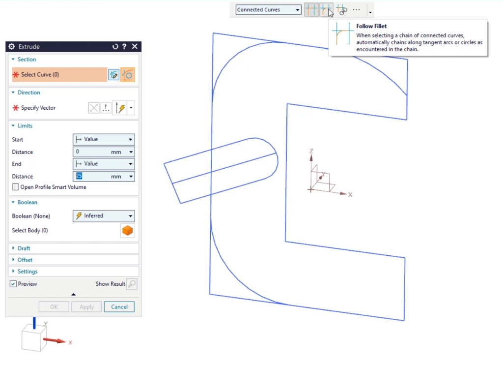 A screenshot of Siemens Designcenter software showing the Follow Fillet selection intent option