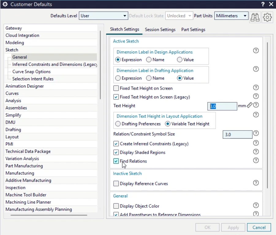A screenshot of Siemens Designcenter software showing customer defaults used to control sketch behavior