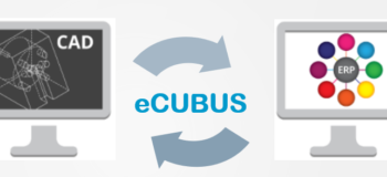 arrows showing the connection between two monitor icons, one with CAD on it and the other with ERP on it to represent the how CAD software can integrate with ERP systems