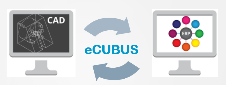 arrows showing the connection between two monitor icons, one with CAD on it and the other with ERP on it to represent the how CAD software can integrate with ERP systems