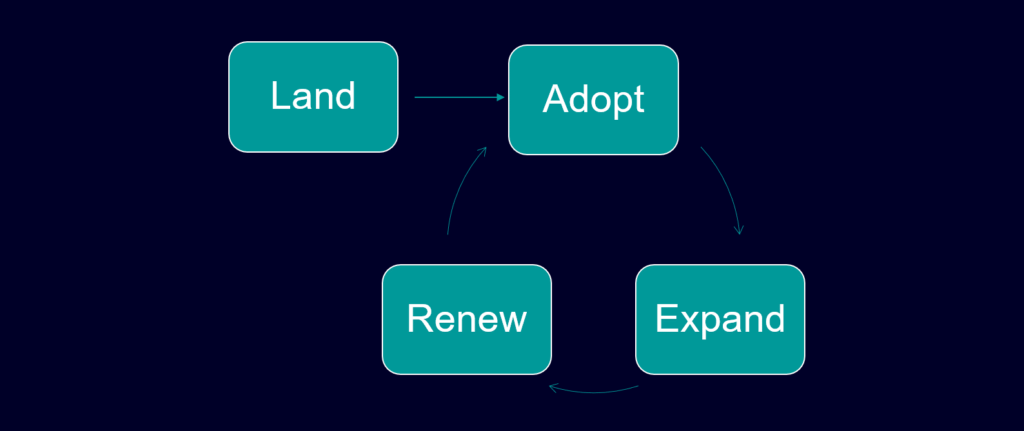 Four boxes showing the sequence for land, adopt, expand and renew