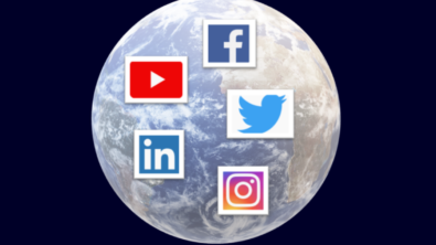 YouTube, Facebook, Twitter, LinkedIn and Instagram logos appear over an image of Earth. Navigating the B2B buyer's journey relies on leveraging these platforms.