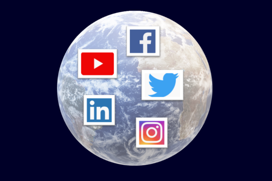 YouTube, Facebook, Twitter, LinkedIn and Instagram logos appear over an image of Earth. Navigating the B2B buyer's journey relies on leveraging these platforms.