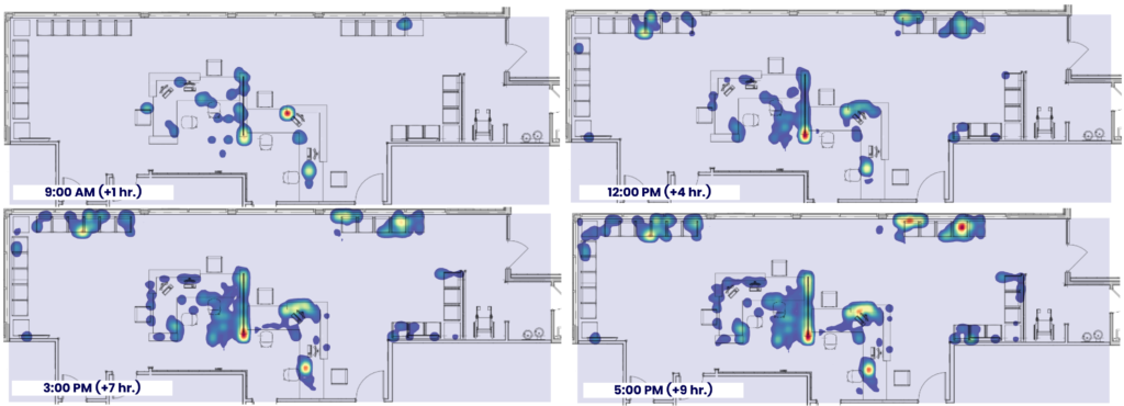 Airborne particle spread is depicted within simulation software over the course of a day in a waiting room setting.