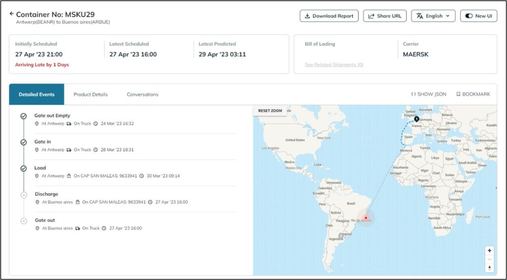 A screenshot of the Portcast logistics system showing a transportation route