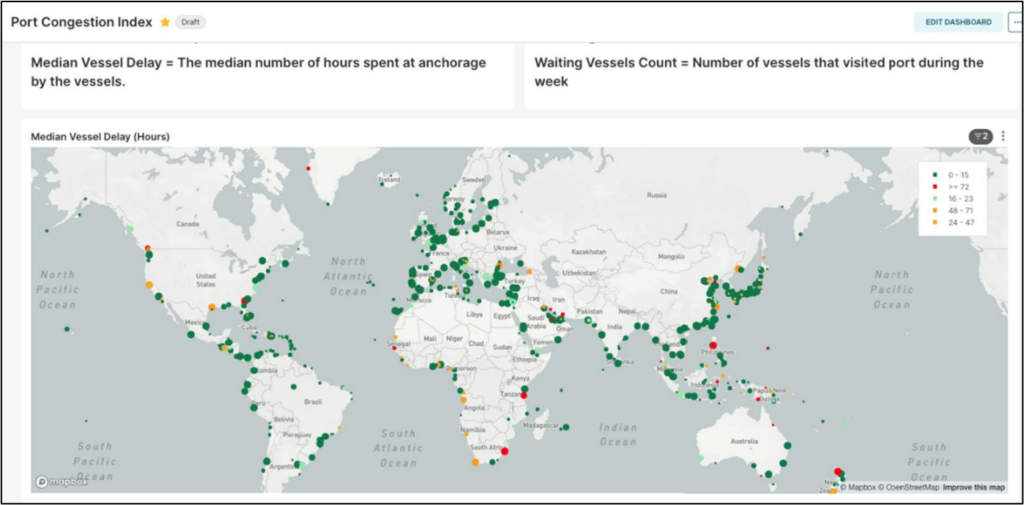 A world map showing supply chain ports for oceanic transport