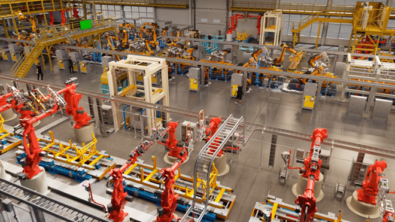 A factory floor of robotic machines is shown from an overhead view.