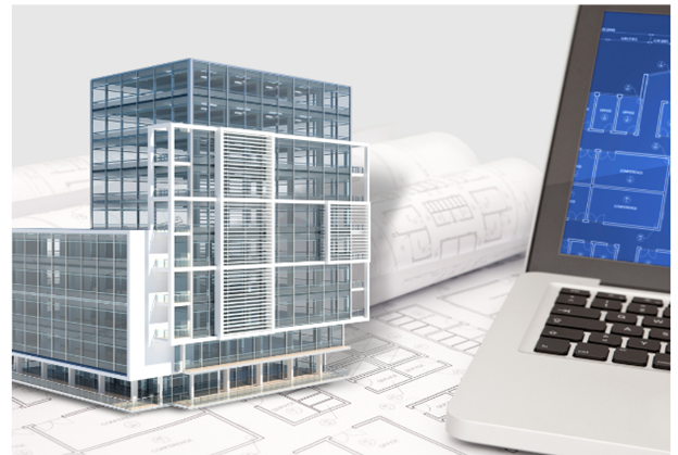 An illustration of a building on top of a set of blueprints sitting next to a computer.