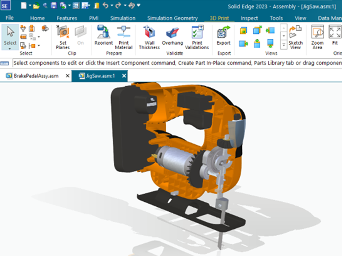 A 3D CAD cutaway of the inside of a jigsaw designed in Solid Edge software leveraging a custom plugin.