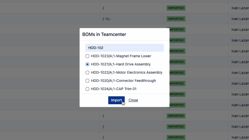 A screenshot of BOMs that can be comanaged by Supplyframe and Teamcenter.
