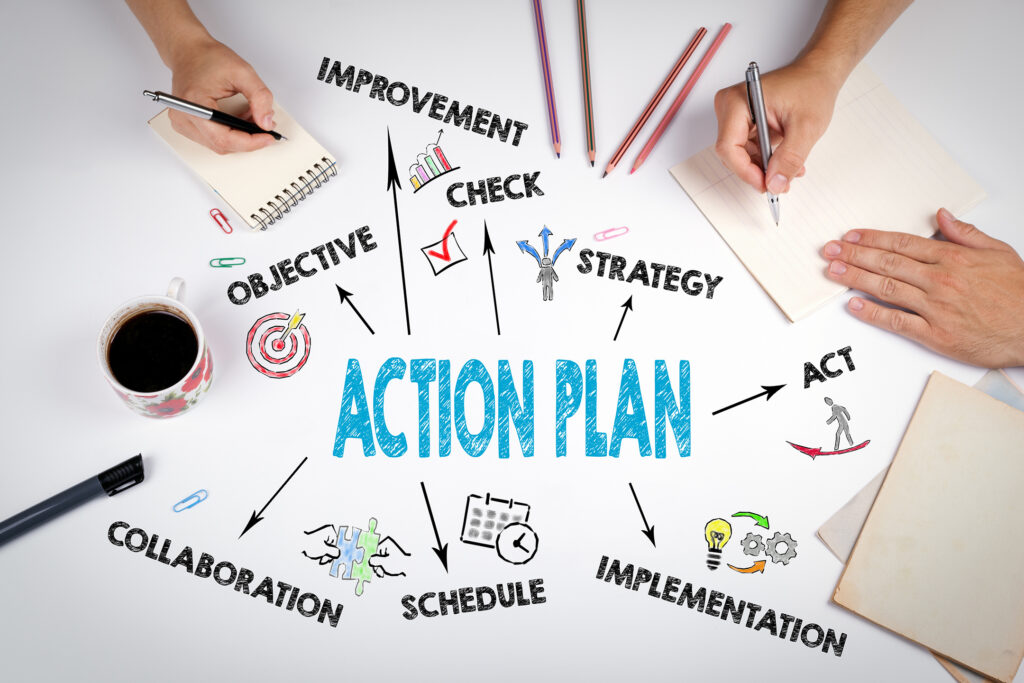 The word action plan on a table with many hands contributing. SaaS business transformation requires being ready for any scenario.