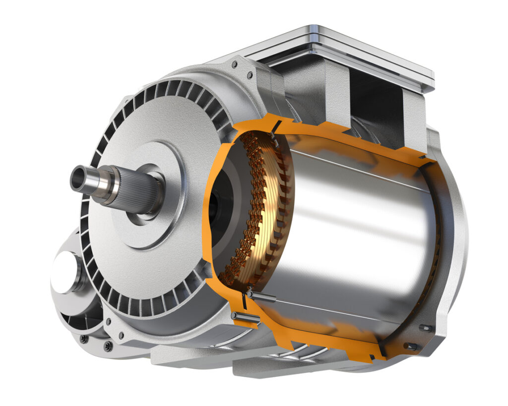Isometric Cutaway view of Single Electric Vehicle Motor on white background. Generic design. 3D rendering illustration.