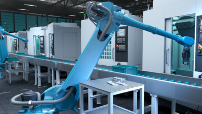 Robots manufacture electronics products. Manufacturing digital transformation is essential across all industries.