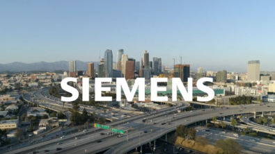 A city skyline with the word Siemens