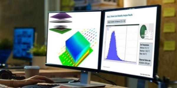 Dual computer screens showing the influence of variability in electronics using thermal analysis 