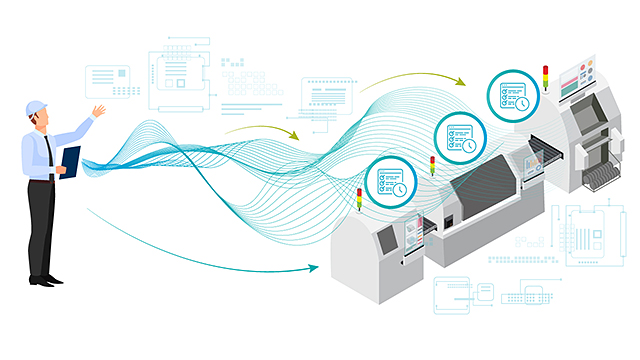 engineer holding tablet with information flowing to pcb production machinery