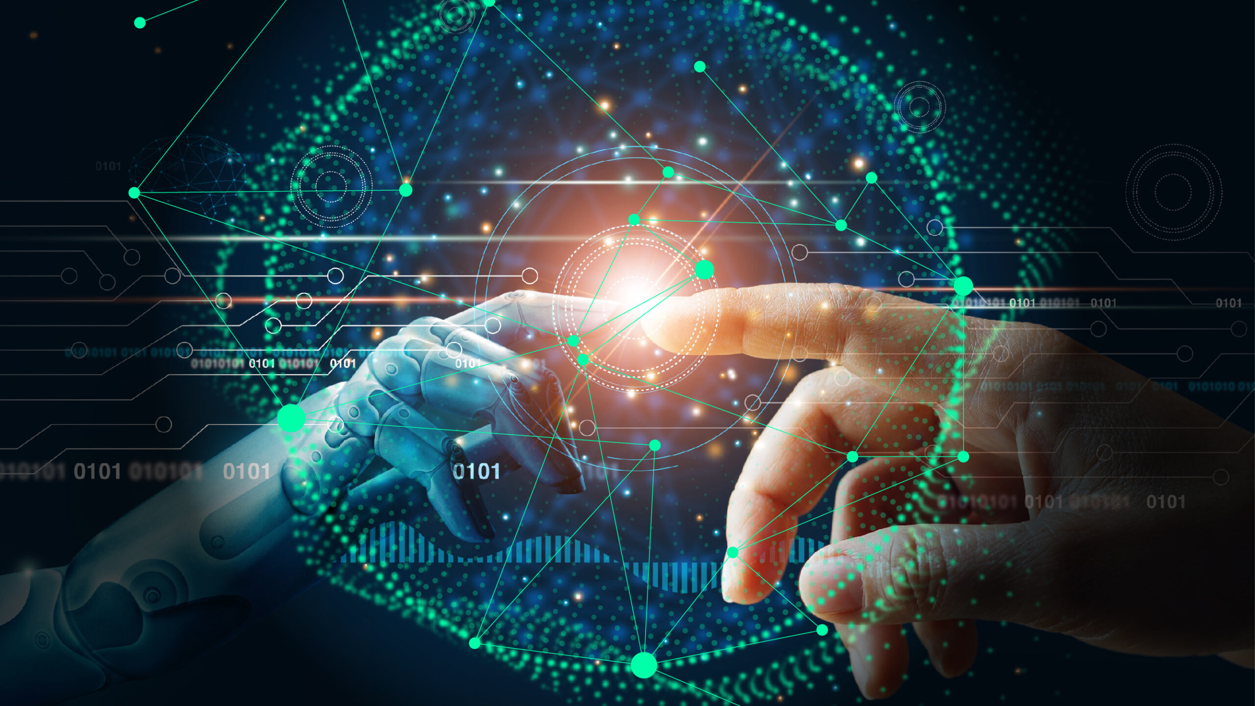 Visual display of integrated lifecycle management showing robot and engineer hands touching surrounded by data