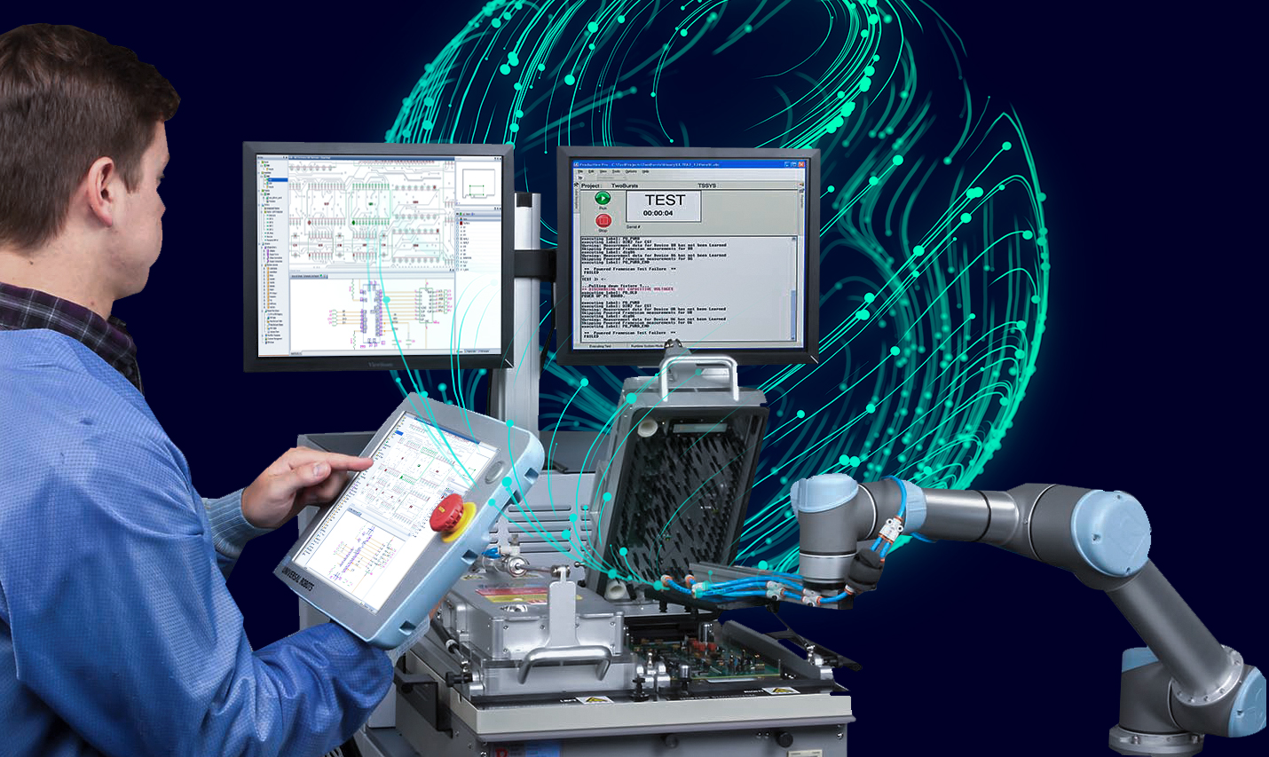 Test engineer using automated PCB testing software with two screens