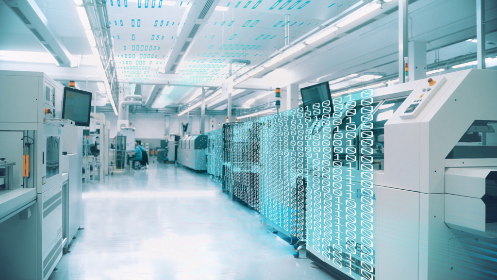 Electronics manufacturing facility with data represented by 1,0 flowing from the machines and through the plant